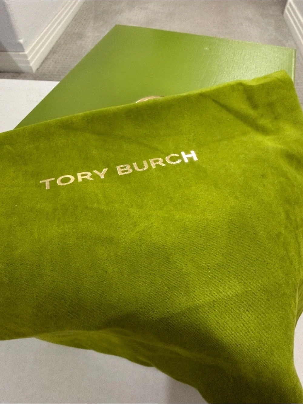 Tory Burch Bright Lime Green Box with Gold Logo and Matching Dust Bag